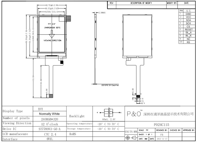 Polcd RoHS 2,4-дюймовый ЖК-дисплей Tft ST7789V3 TFT LCD Module 4 Wire SPI