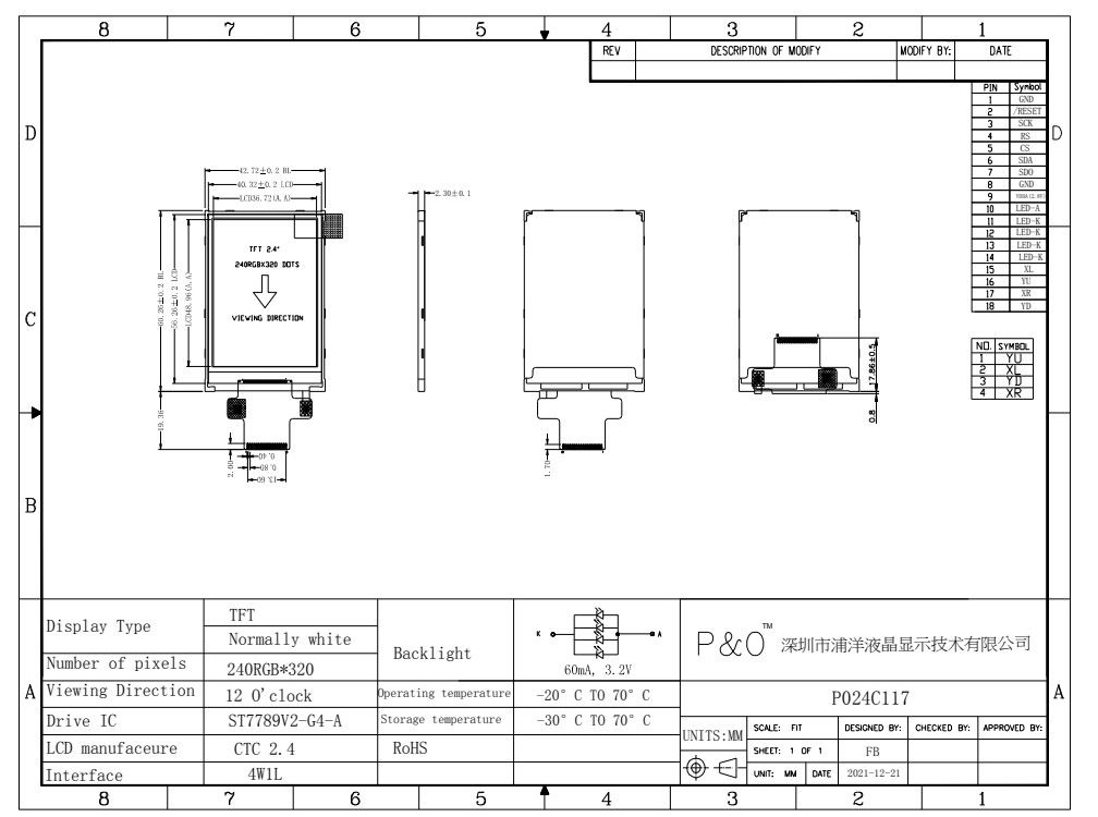 Polcd ST7789V2 2.4 Tft Дисплей Цветной 262K TFT ЖК-модуль 48,96 мм