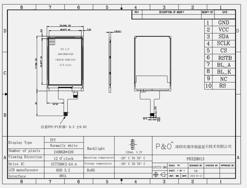 Polcd ST7789V 3,2-дюймовый цветной TFT ЖК-дисплей 262K TFT LCD 48,6 мм 12 0'CLOCK