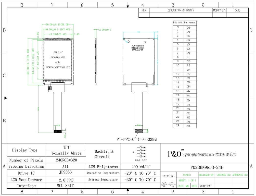 Polcd IPS Modules 2.8' 240*320 Панель Spi интерфейс JD9853 IC Экран 2.8 дюймовый Tft LCD дисплей