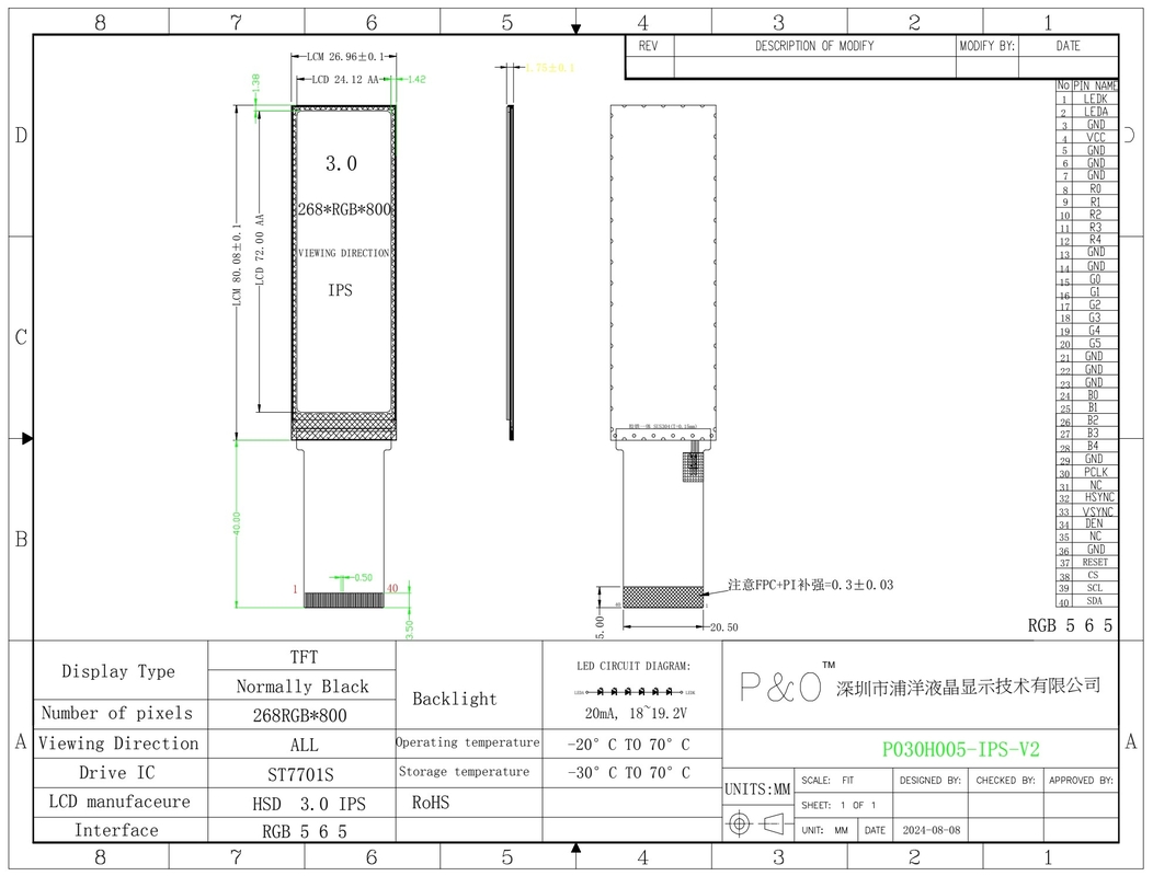 Polcd 3-дюймовый цветной экранный модуль 268*800 ST7701S ic Высокая яркость IPS 3