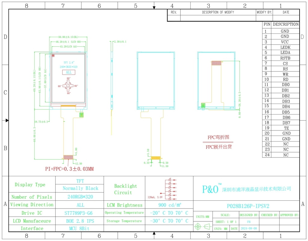 Polcd 2,8 дюймовый ЖК-экран 240x320 MCU Интерфейс широкий угол просмотра TFT Трансфлективный ЖК-модуль с ST7789P3-G6