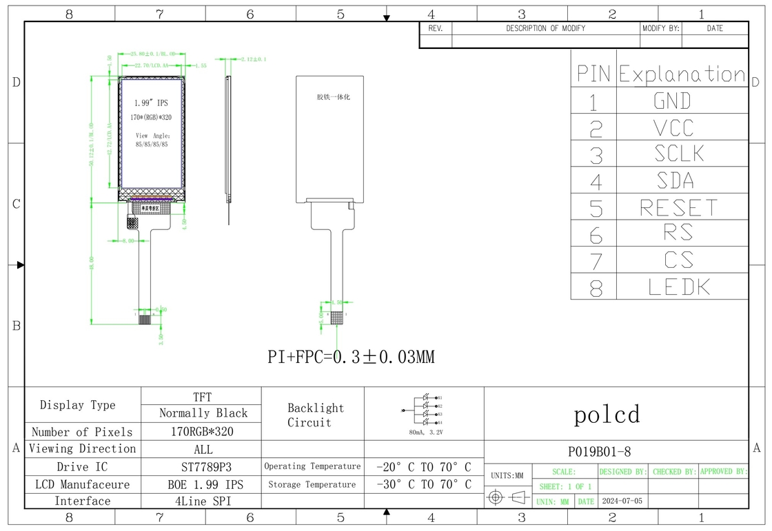 Polcd 1,9 дюйма 170*320 ST7789P3-G6 SPI Bar TFT LCD Модуль экрана 8 штифтов IPS Вертикальный LCM дисплей