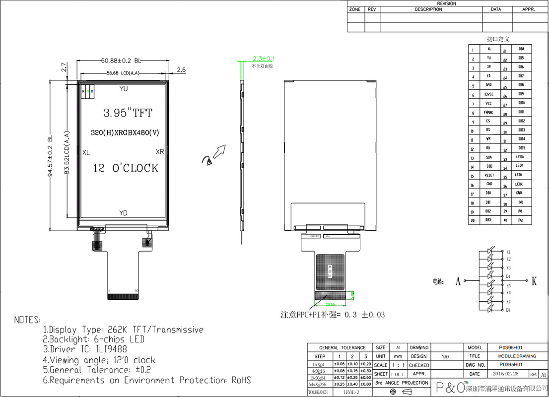 Polcd Custom 3,95 дюйма 320x480 Ips Tft Lcd RGB интерфейс Модуль жидкокристаллического дисплея с сенсорным интерфейсом