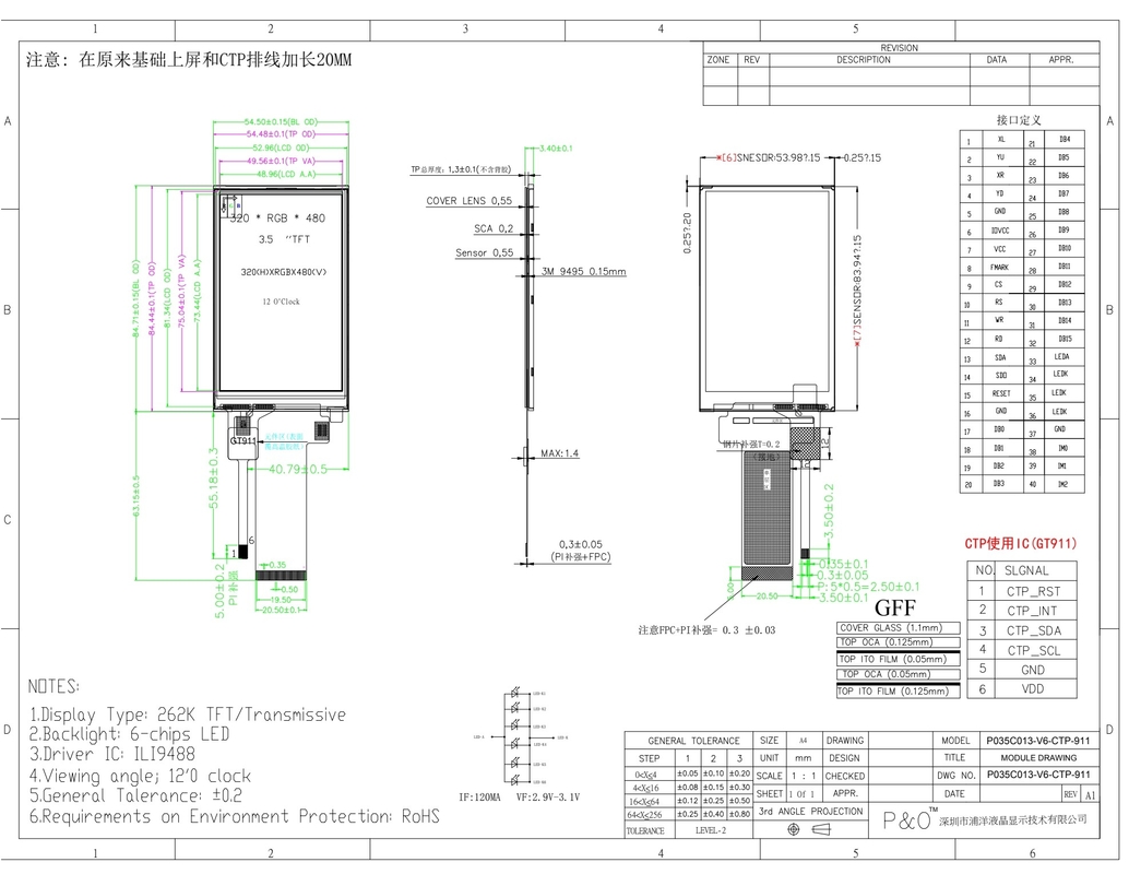 Polcd LCM завод 3,5 дюйма 320*480 Mcu Spi интерфейс 300 нит TFT LCD модуль Капацитивный сенсорный панель дисплей