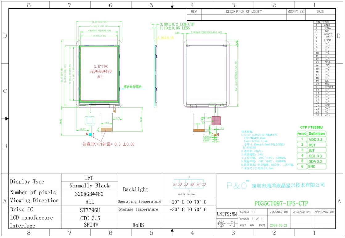 Polcd CTP 320x480 Разрешение 30pin 3,5 дюймовый TFT LCD сенсорный экран Модуль 330 нит TN Стеклянный LCD дисплей