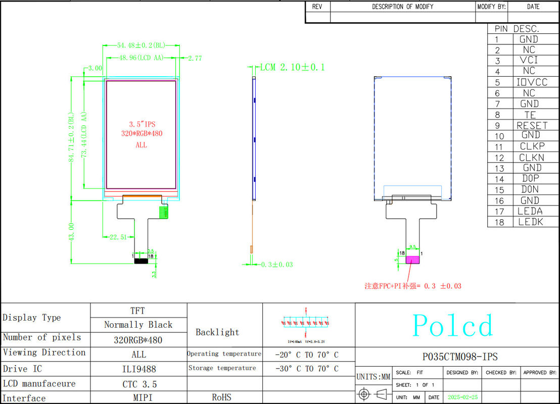 Polcd 3,5 дюймовый IPS TFT LCD 320*480 Ili9488 Диск Ic 600:1 Контрастное соотношение LCD дисплеев