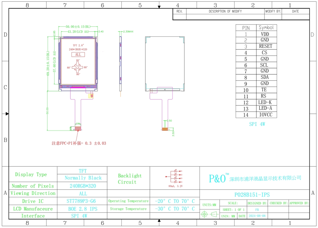 Polcd 2,8 дюйма матрица 240x320 TFT дисплей 20 пин FPC LCM ST7789 настраиваемый производитель LCD модуль