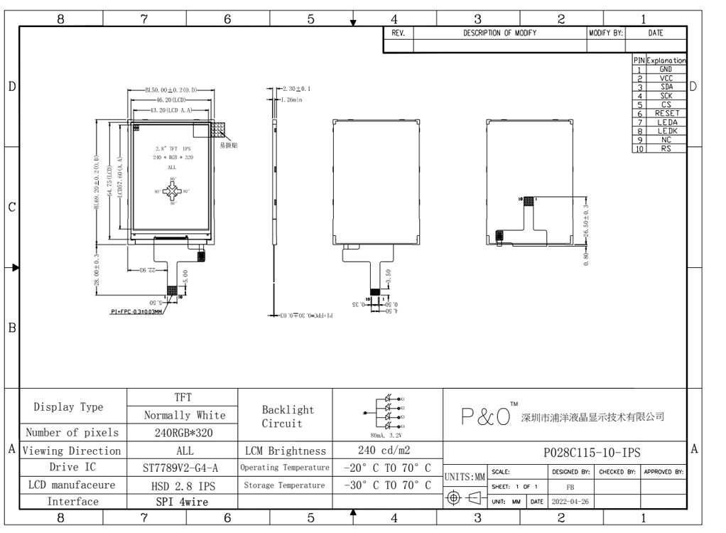 Polcd 2,8-дюймовый IPS-экран LCM-модуль 240x320 Интерфейс SPI ST7789V Высокая яркость TFT ЖК-дисплей